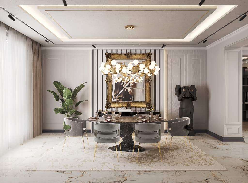 50 luxury dining rooms - luxurious dining room with a bomsai-shaped dining table made of black faux marble, grey chairs with gold legs and a wall mirror with a wooden frame