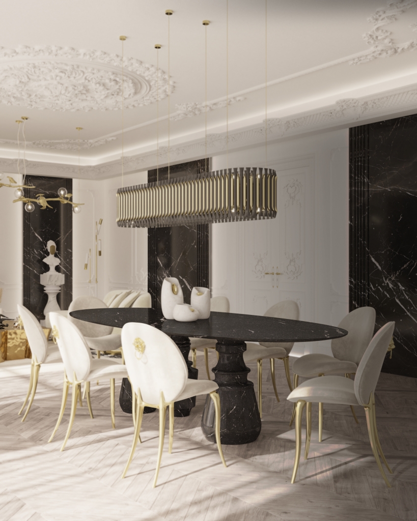 50 luxury dining rooms - luxurious dining room with a black marble dining table, light chairs with gold legs and a long gold suspension lamp
