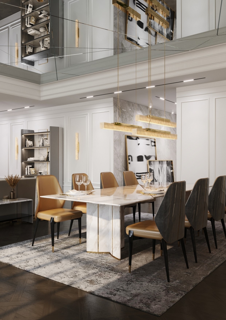 50 luxury dining rooms - luxury dining room with white marble table, orange leather chairs and glossy wooden back and black legs