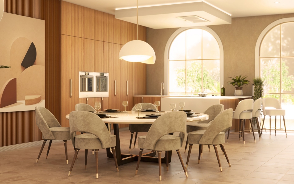 50 luxury dining rooms - luxurious dining room with round dining table, round white suspension lamp above and grey velvet chairs with brown legs and gold detail at the ends