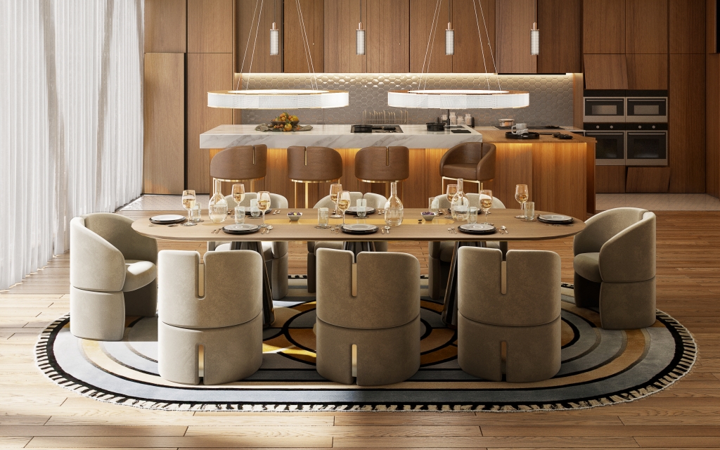 50 luxury dining rooms - luxurious dining room with a wooden dining table, two round lamps above, grey velvet chairs with gold detailing on the top and bottom, brown bar chairs with gold legs and gold detailing on the backs behind