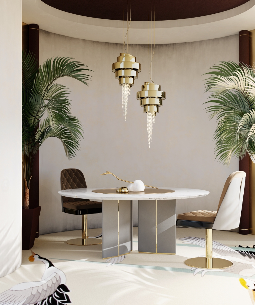 50 luxury dining rooms - luxury dining room with round marble table, brown-ish velvet  chairs and glossy wooden back in white and gold bottom