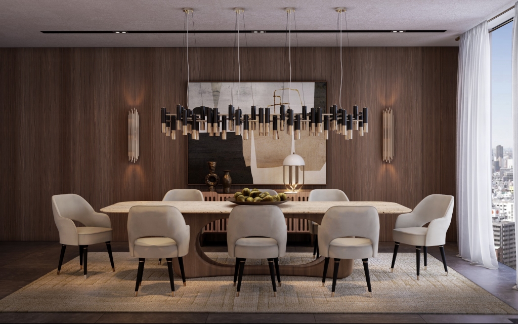 50 luxury dining rooms - luxurious dining room with dining table with white top and wooden legs, light gray chairs with legs and gold end detail, black and gold suspension lamp on top