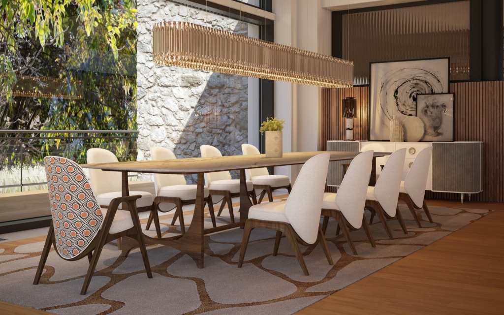 50 luxury dining rooms - luxury dining room with a wooden dining table with a long crystal lamp above and cream chairs with wooden legs and one of the chairs with a patterned back