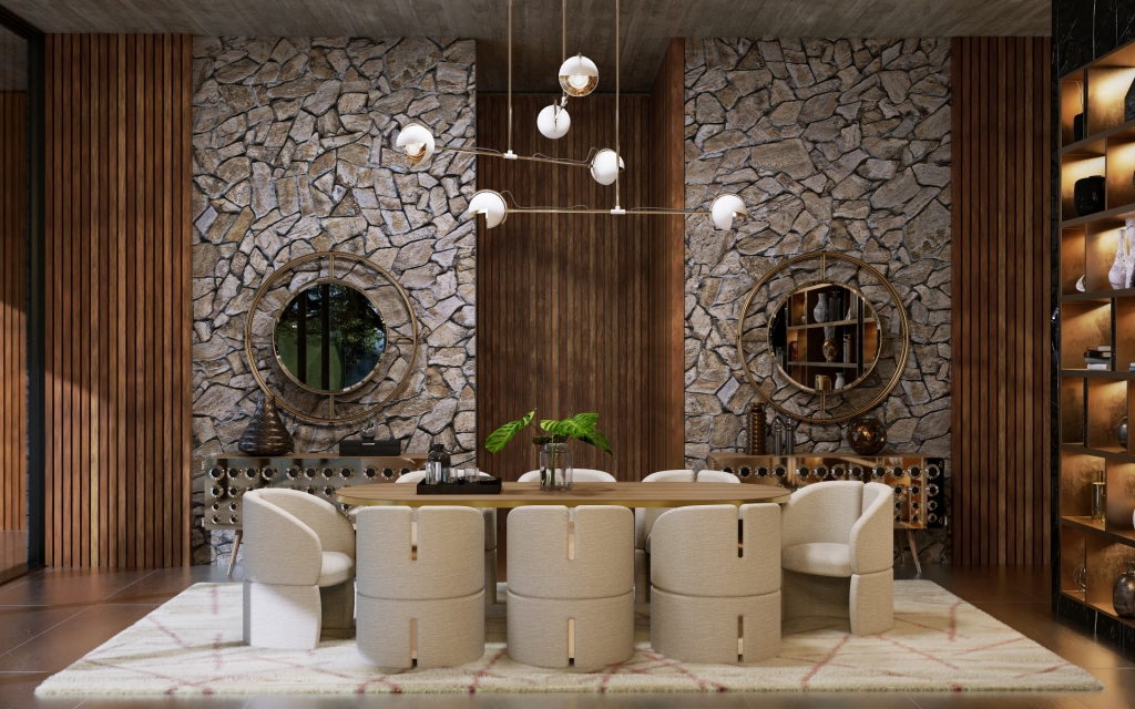 50 luxury dining rooms - luxury dining room, with wooden dining table with white lamp above, beige chairs with gold detailing on the top and bottom, two small gold metal sideboards at the back with round mirrors on top