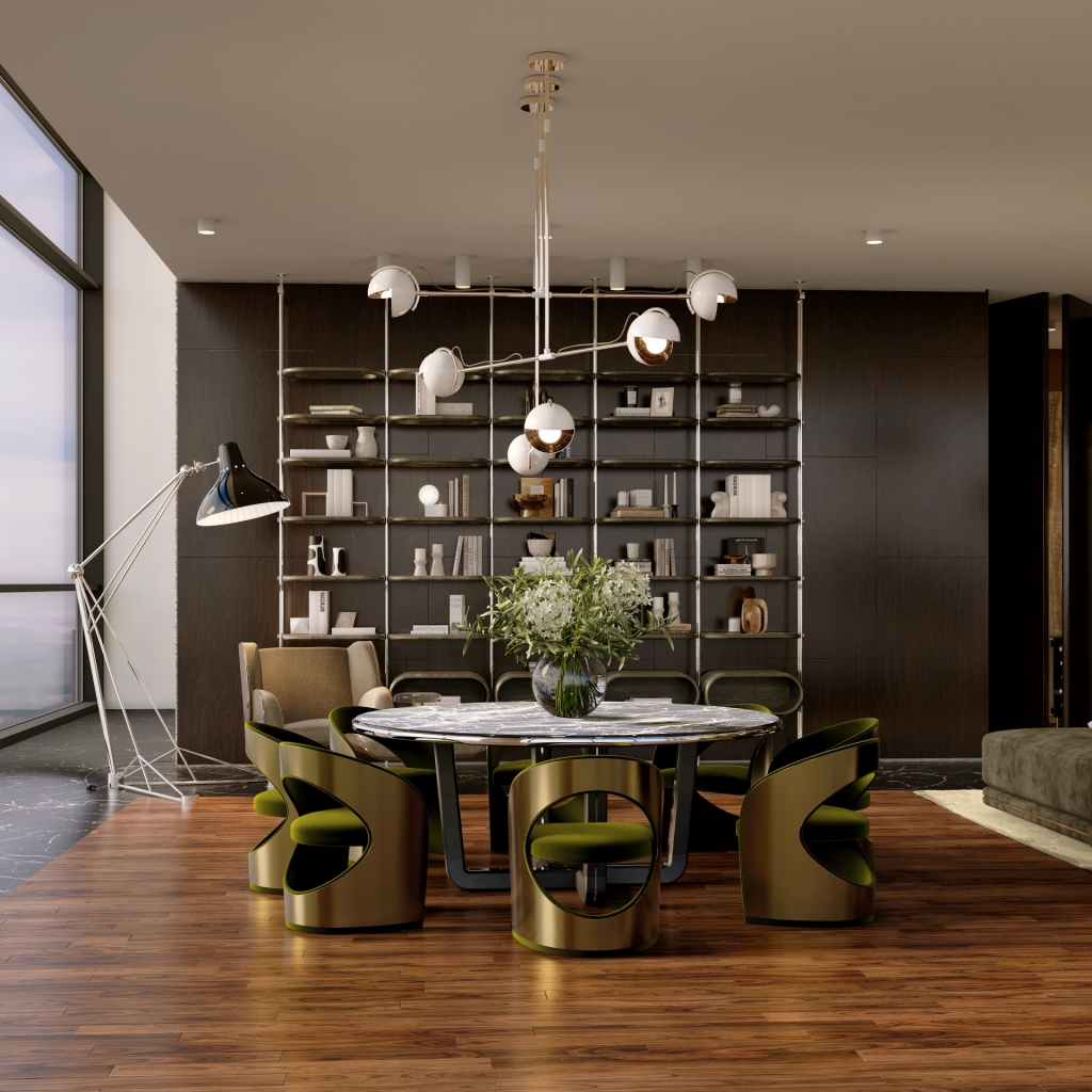 50 luxury dining rooms - luxury dining room with a round black dining table, with green fabric chairs and a gold metal exterior, a white lamp above and a bookshelf and floor lamp behind