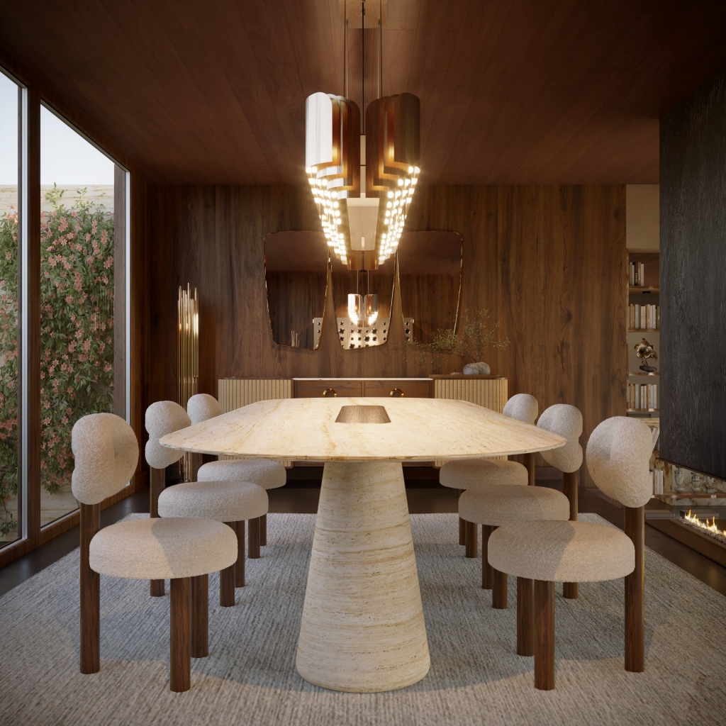 50 luxury dining rooms - luxurious dining room with a textured dining table with a long suspension lamp above it, cream chairs with wooden legs, a sideboard in the background with two different types of wood and three wall mirrors above it