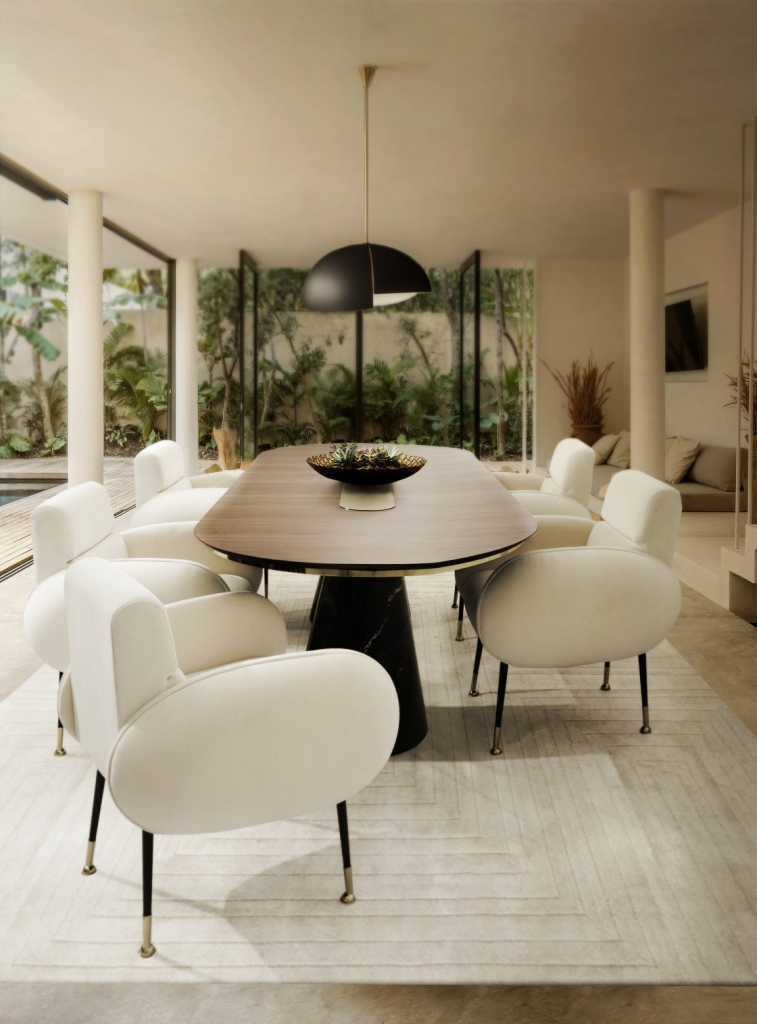 50 luxury dining rooms - luxury dining room with a wooden dining table with gold detailing all round, cream chairs with black legs and gold detailing at the end, a round black lamp above the table