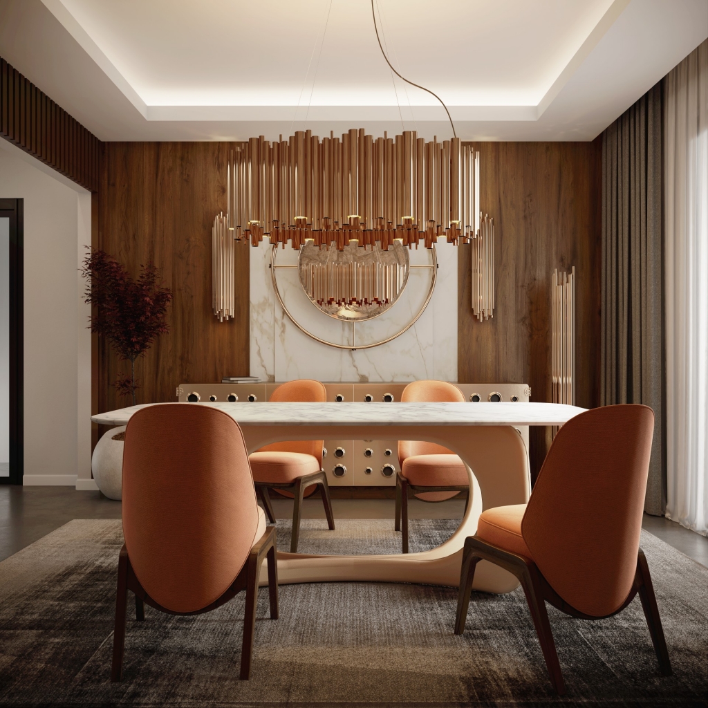 50 luxury dining rooms - luxurious dining room with a white marble dining table with orange chairs on dark wood legs, a long golden suspension lamp above it and a metal sideboard with a mirror above it at the back