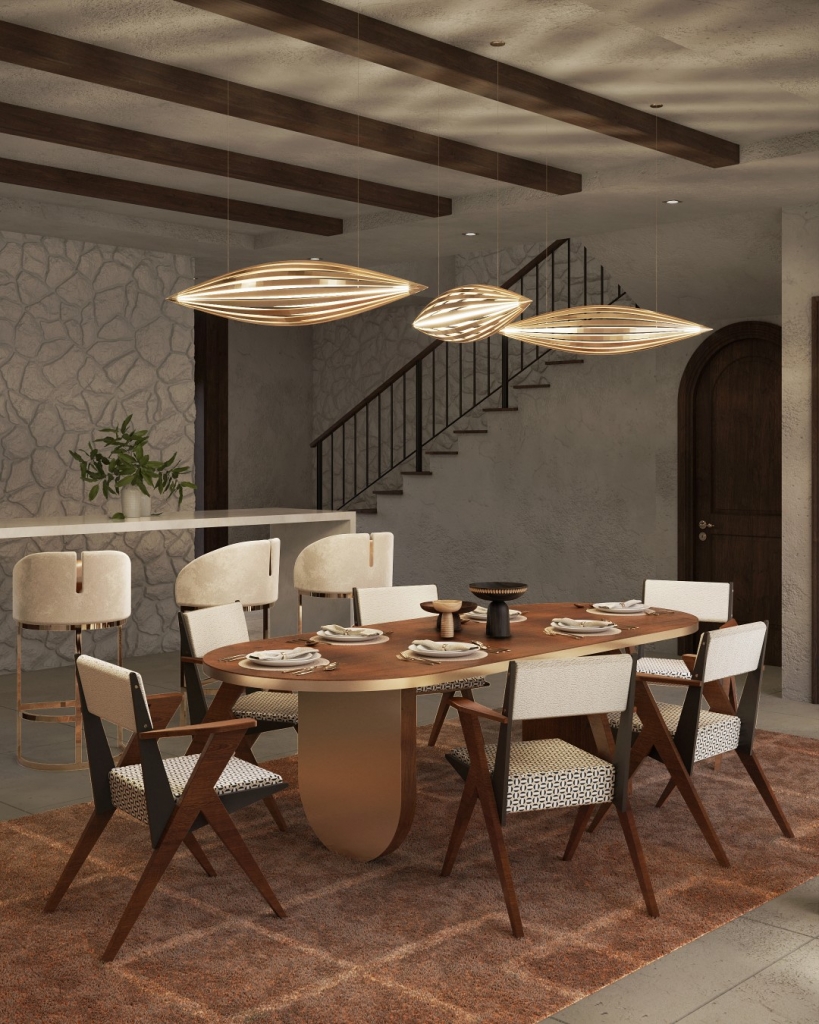 50 luxury dining rooms - luxury dining room with wooden table, wooden chairs with beige fabric and small black designs, behind the table three bar chairs with gold legs and velvet fabric and three almond-shaped suspension lamps