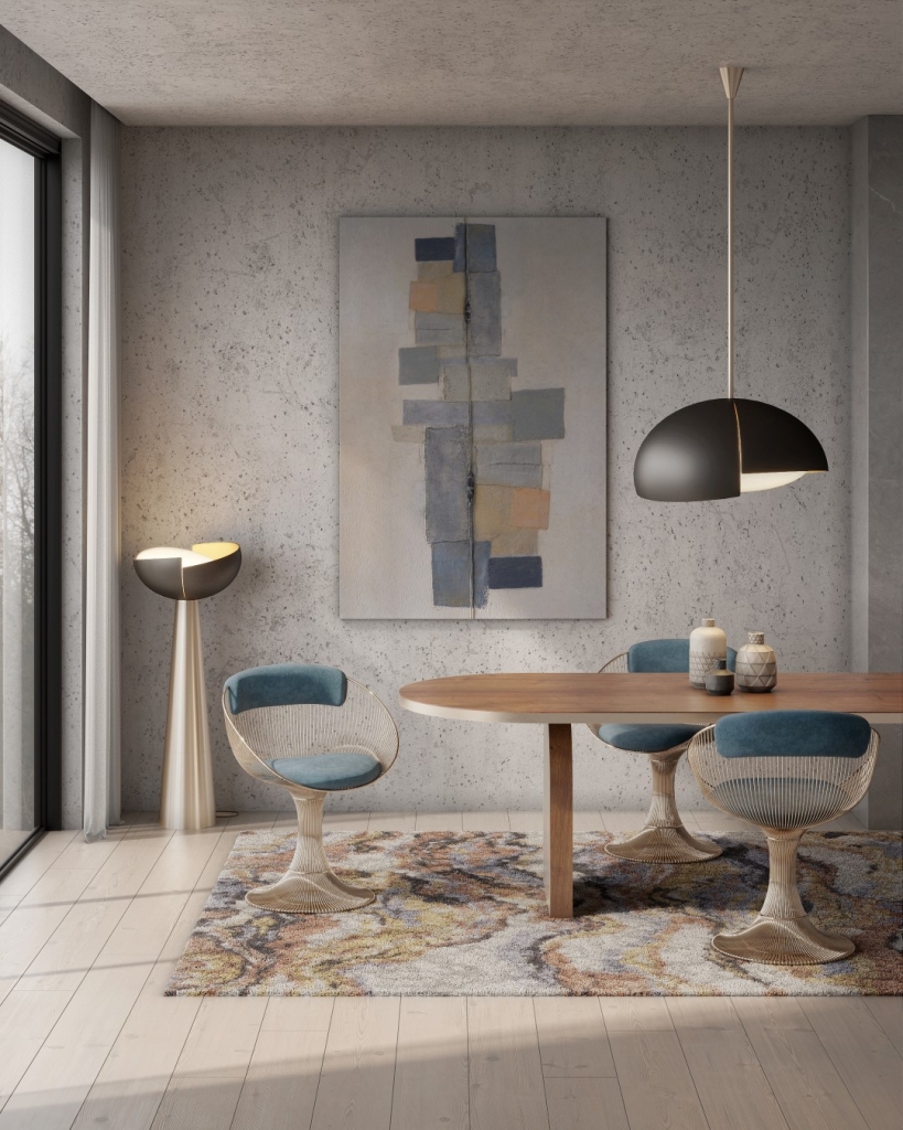 50 luxury dining rooms - luxury dining room with wooden dining table with chairs with a round design in gold metal, blue fabric on the seat and backrest, above the table a round black lamp, and behind it a metal floor lamp with a round black top that matches the hanging lamp