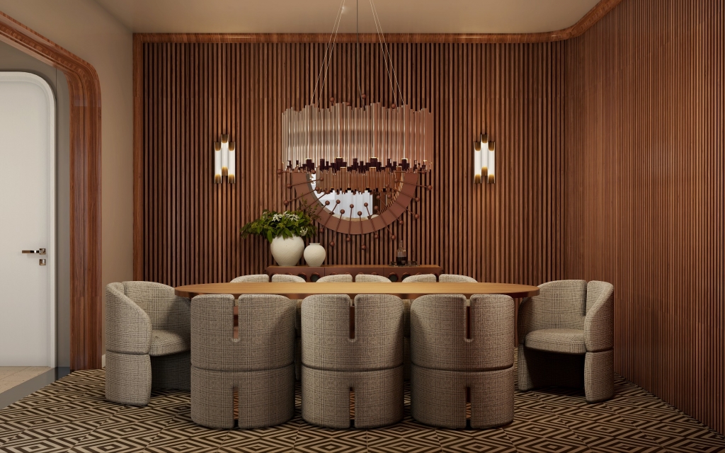 50 luxury dining rooms - luxury dining room, with a wooden dining table with a round lamp on top, and chairs with textured grey fabric and gold detailing on the top and bottom