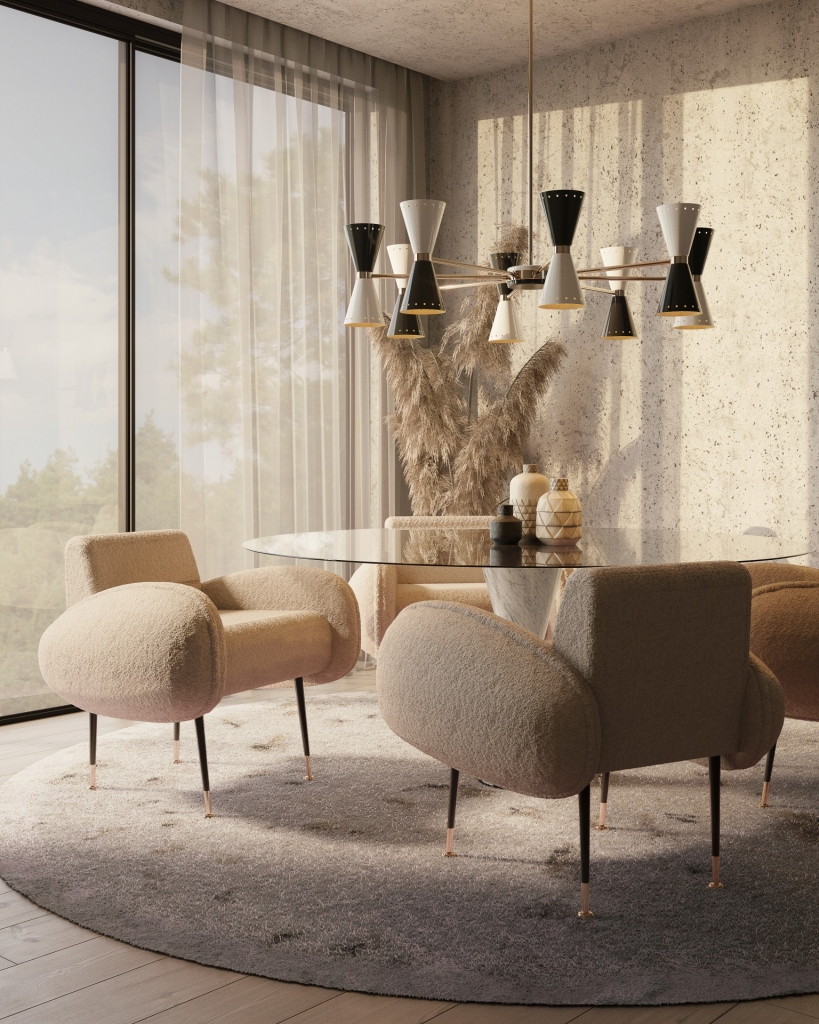 50 luxury dining rooms - luxury dining room with round glass-topped dining table, beige fabric chairs and a black and white suspension lamp above the table