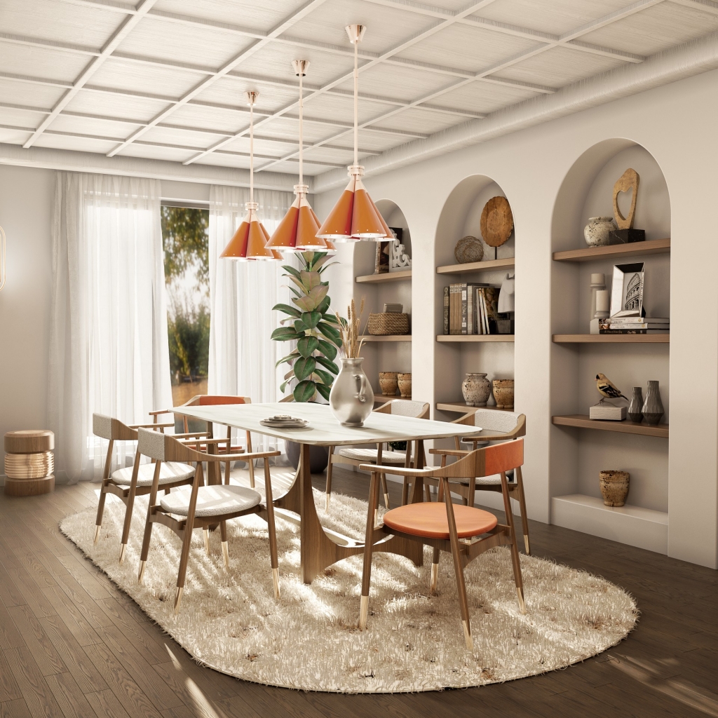 50 luxury dining rooms - luxury dining room with wooden dining table wooden chairs some with cream seats and others with orange seats and three orange suspension lamps above the table