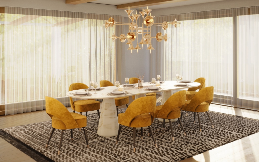 50 luxury dining rooms - luxurious dining room, with a white marble dining table, chairs in a shade of toasted yellow, and a lamp above the table in gold that resembles trumpets