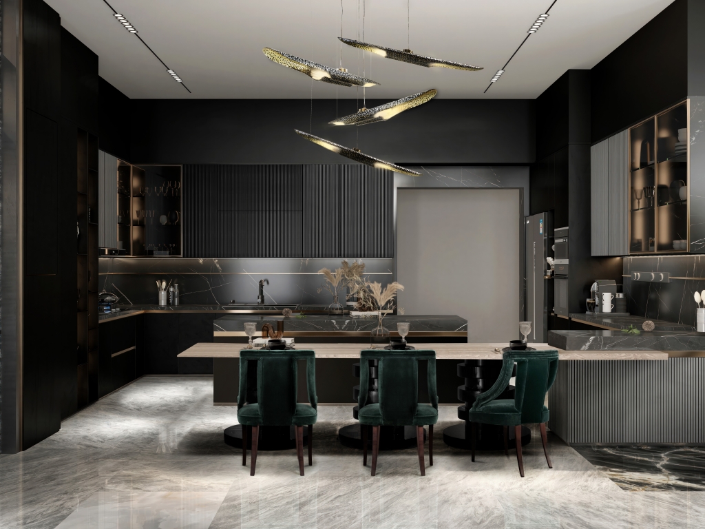 50 luxury dining rooms - luxurious dining room with a wooden dining table with four hanging lamps and green velvet chairs with wooden legs