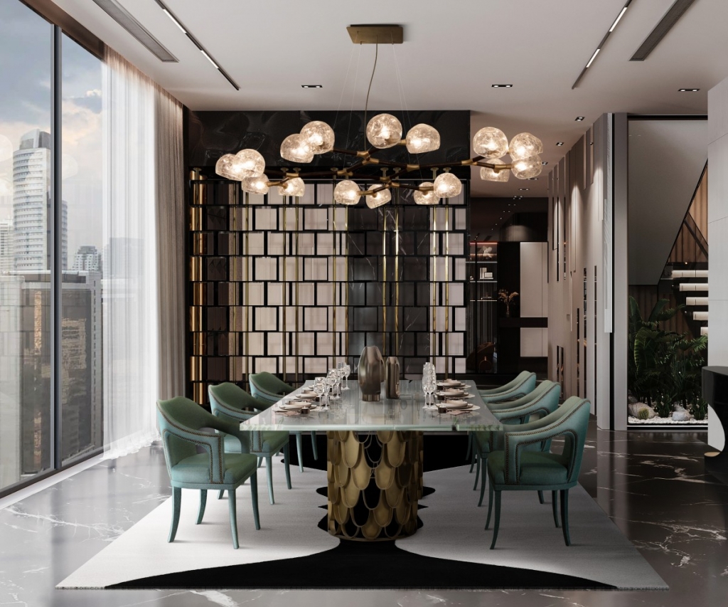 50 luxury dining rooms - luxurious dining room with dining table with acrylic top and metal bottom, green leather chairs above the table and a hanging lamp
