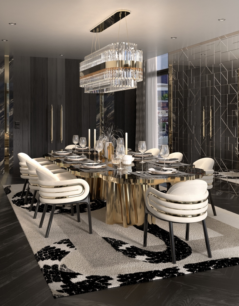 50 luxury dining rooms - luxury dining room with a polished brass and wood dining table, cream chairs with gold detailing around them and black legs, a snake rug underneath and a long crystal suspension lamp with gold detailing in the middle above the table