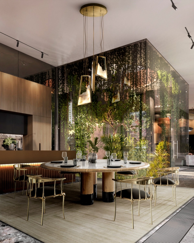 50 luxury dining rooms - luxury dining room with wooden dining table and golden metal-framed chairs with black fabric seats and golden suspension lamp above the table