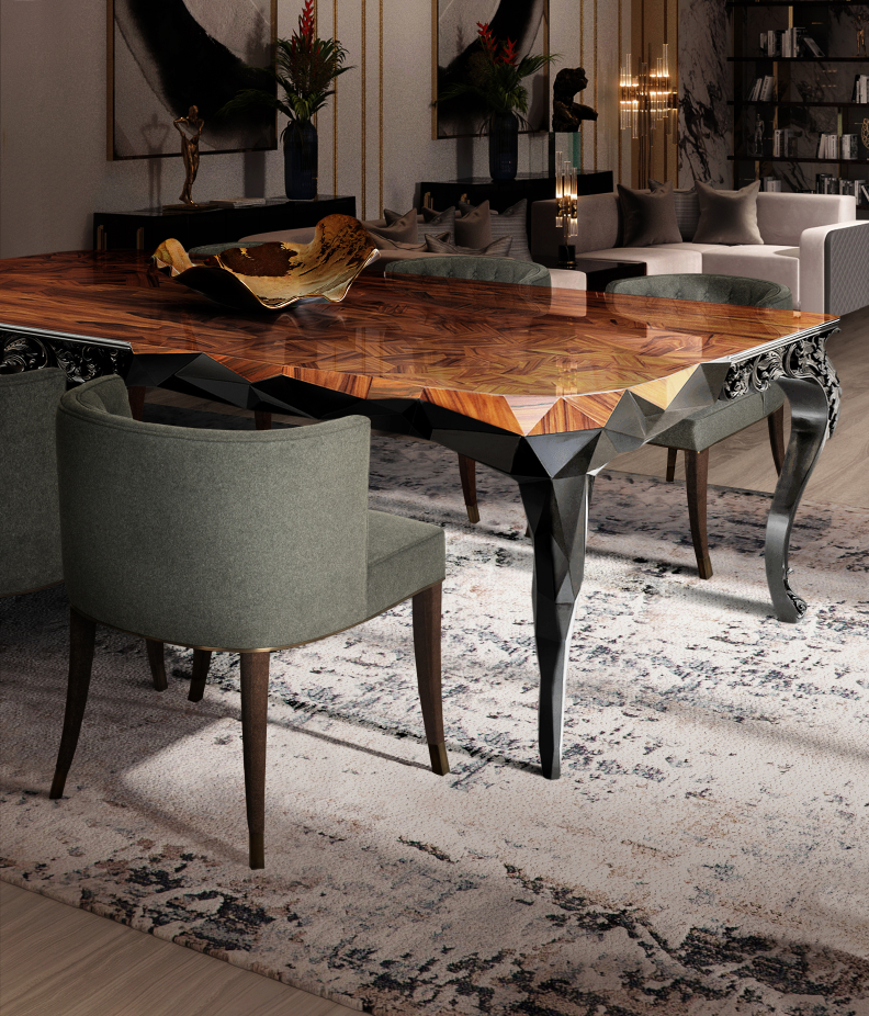 50 luxury dining tables - luxury dining table in veneer and patchwork, the legs have a black finish