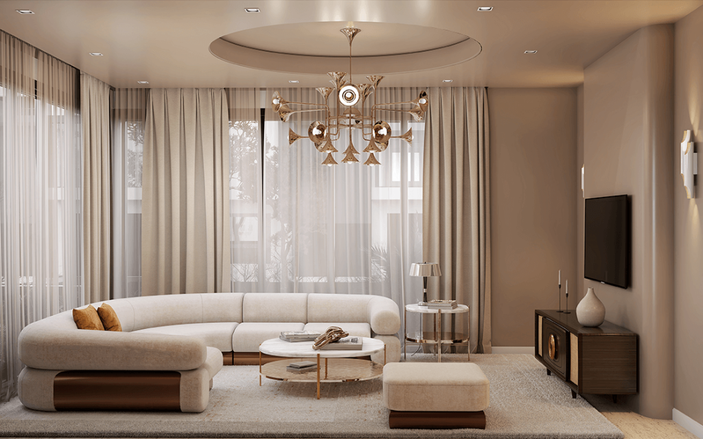 50 luxury center tables - living room with nude sofa with gold details a gold suspension lamp and a white round center table