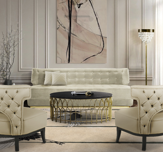 50 luxury center tables - living room with nude sofa and armchairs and gold round center table