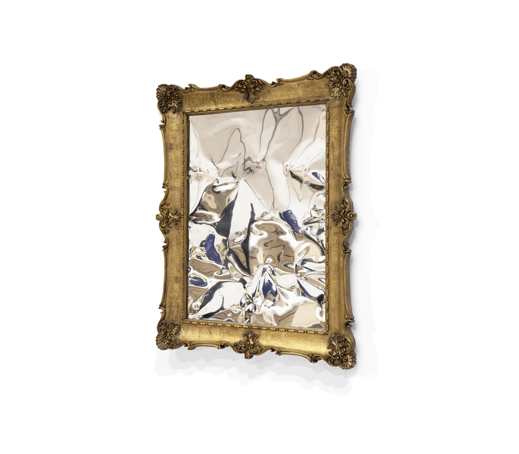 Ornate gold framed wall mirror with textured reflective surface on white background.