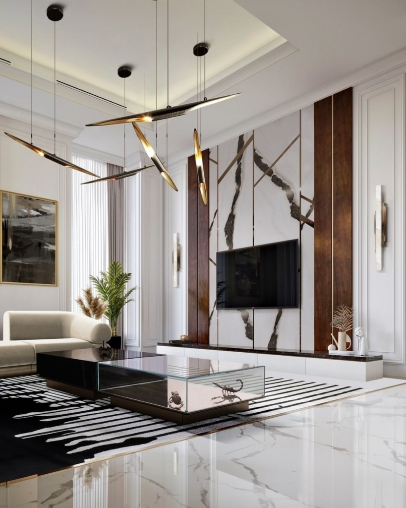 coffee tables- modern living room, white and brown walls and curtains, hanging lamps, plants, black and white carpet, cream sofa and black glass coffee table