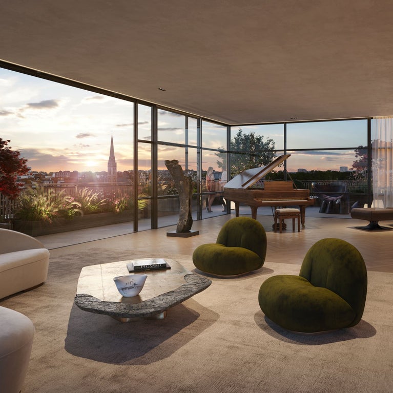 Branded Residences : A living room in the Six Senses London, that captures the amazing view