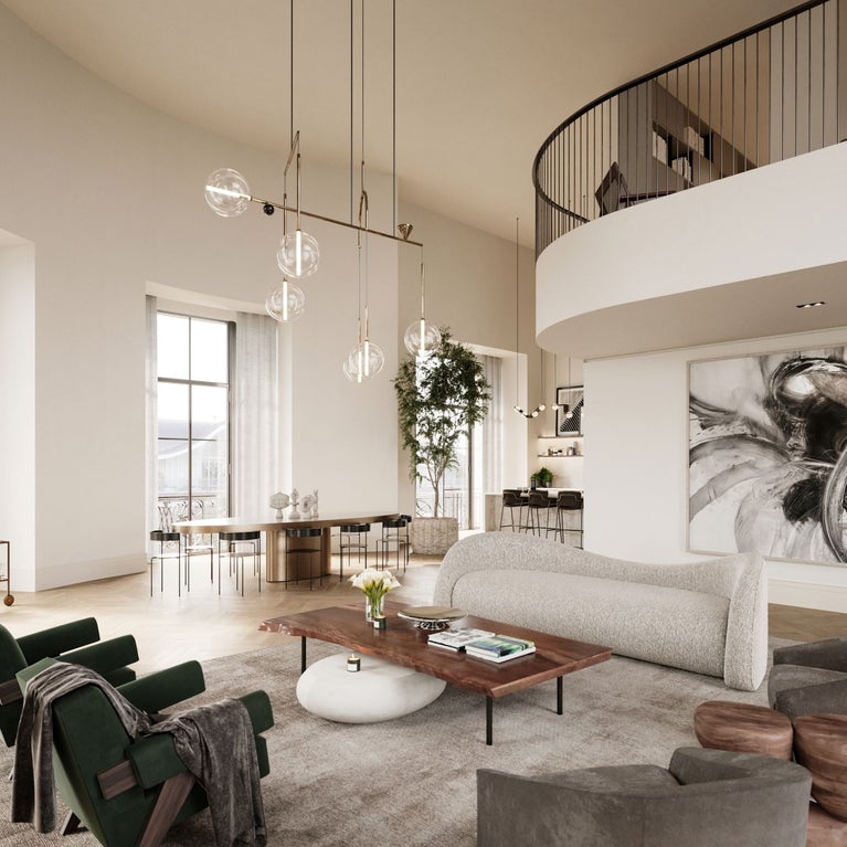 Branded Residences: A living room in the Six Senses London, with the colors white, and brown