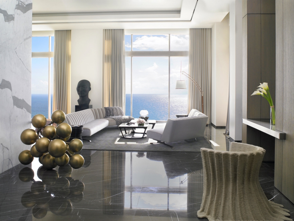 Spaces- luxury living room with sea view, grey sofa, center table, big windows