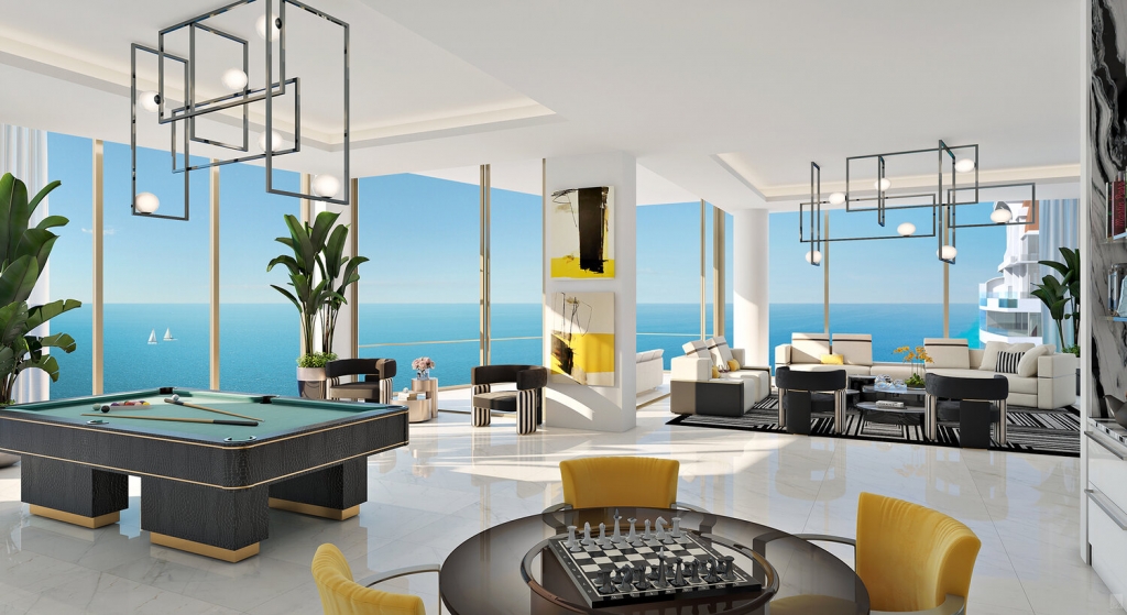 Spaces- luxury penthouse, snooker table, white sofa, black armchairs