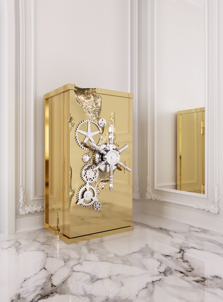 Millionaire Luxury Safe in a master bedroom dressing corner with brass detail by Boca do Lobo