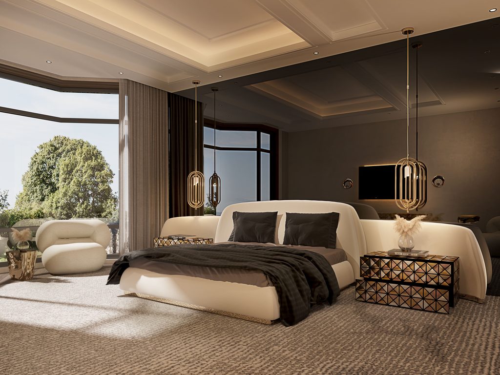 Luxury bedroom design equipped with a curved neutral headboard, geometric mirrored nightstands, and a cozy armchair