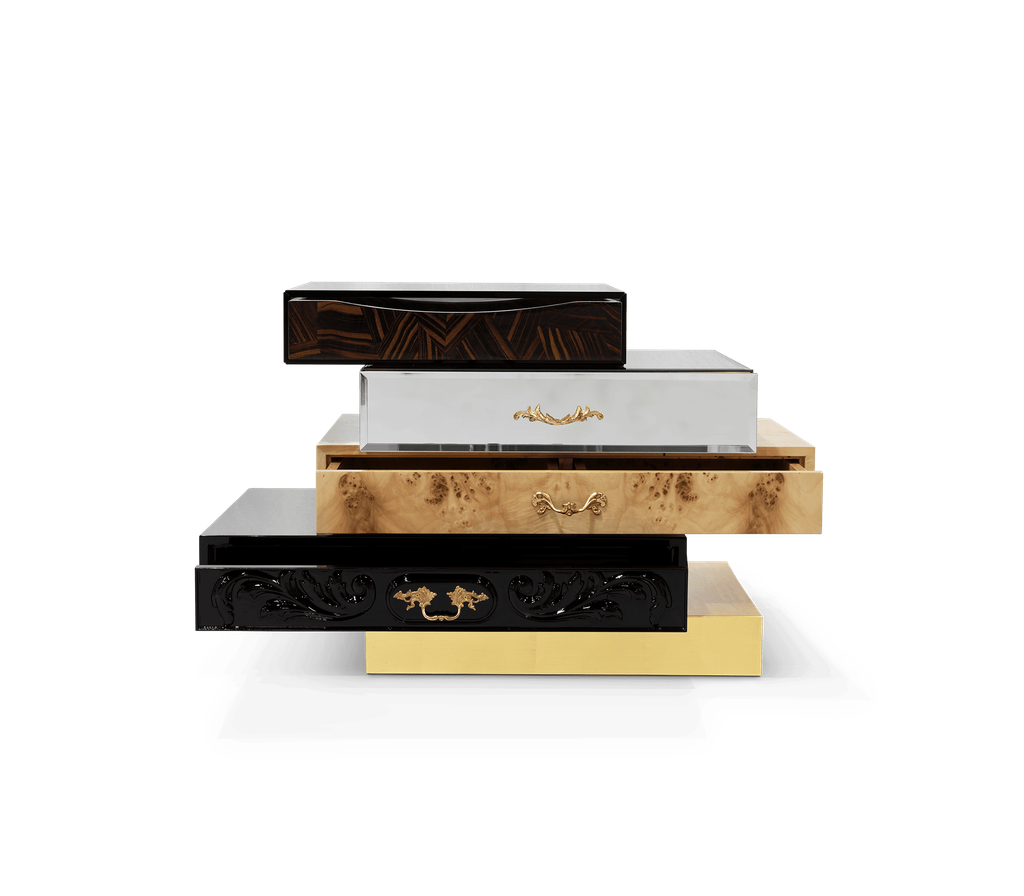 nightstand showcasing a stacked drawer design with geometric wood finishes and ornate gold handles