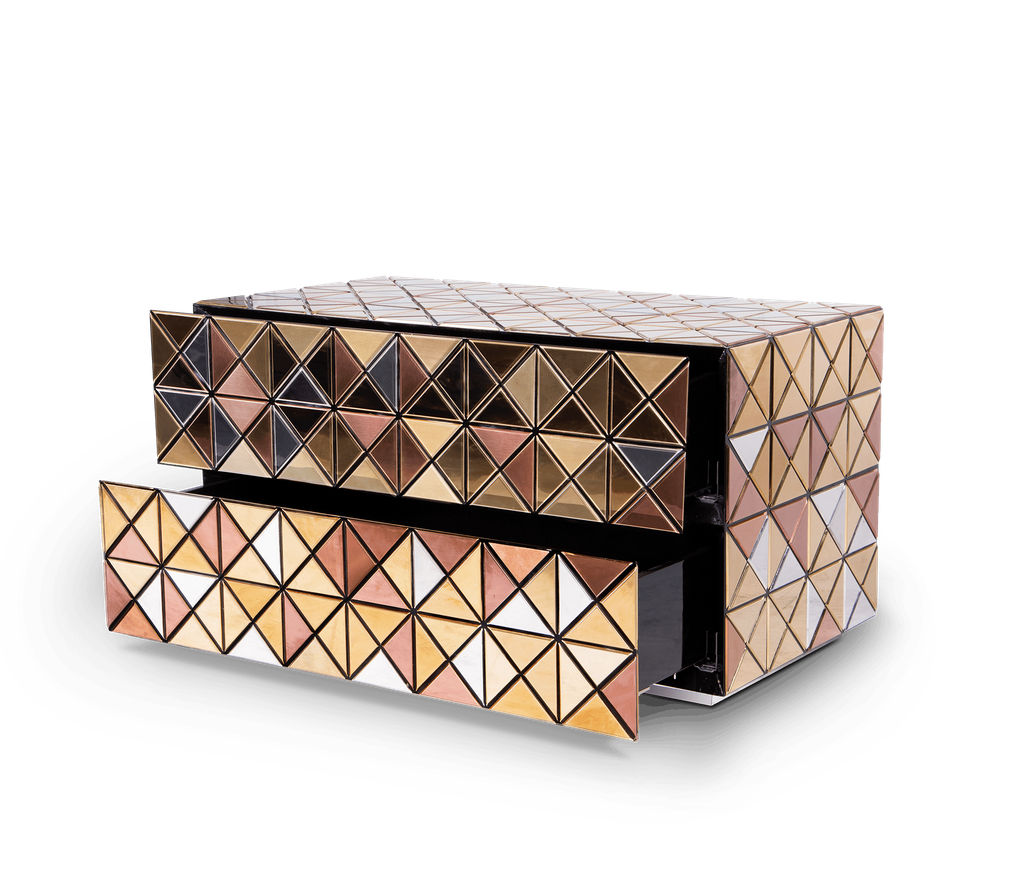 bedside table decorated with a multi-colored mirrored mosaic in triangular patterns