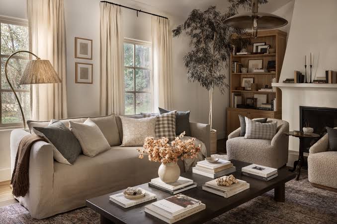 Warm neutral living room with soft beige sofa and fireplace, interior designers