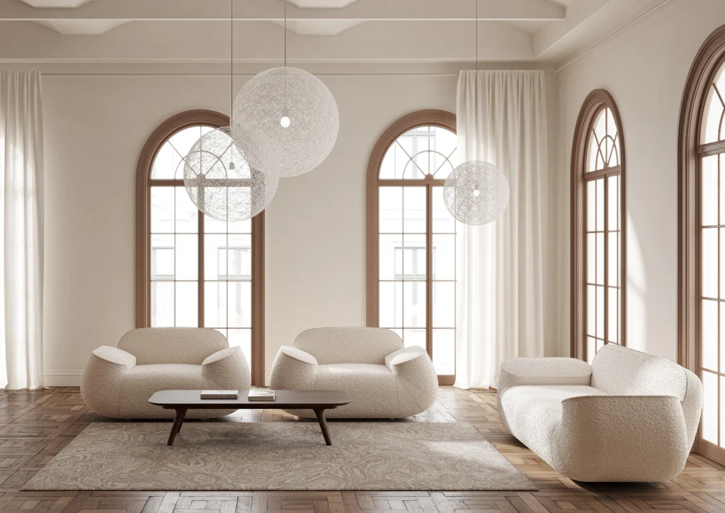 Bright minimalist living room with beige bouclé armchairs, spherical pendant lights, and arched windows.