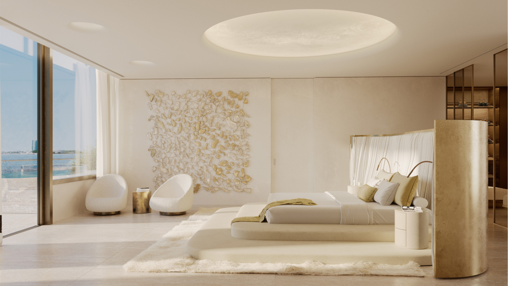 Maison Margiela Dubai residence bedroom with custom bed design and refined neutral palette