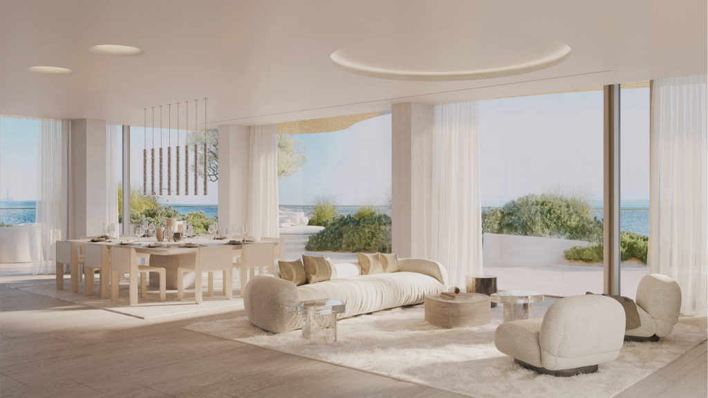 Maison Margiela Residences Dubai living room with bespoke furniture and sculptural sofas