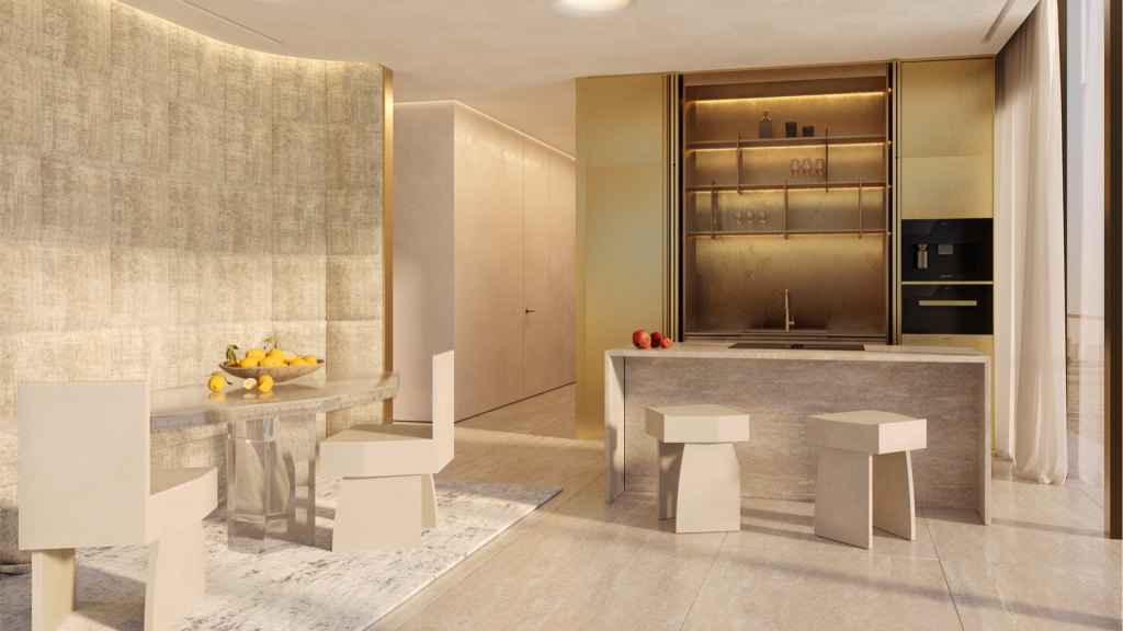 Residents’ lounge at Maison Margiela Residences Dubai with curated art pieces and collectible design furniture