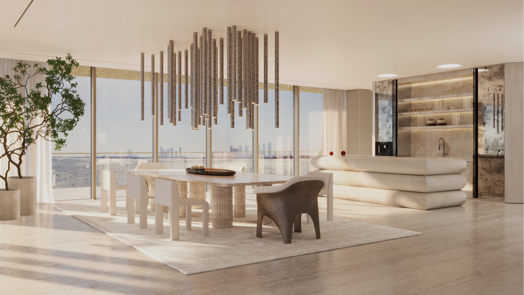 Bespoke interiors at Maison Margiela Residences Dubai featuring handcrafted dining furniture and elegant lighting design