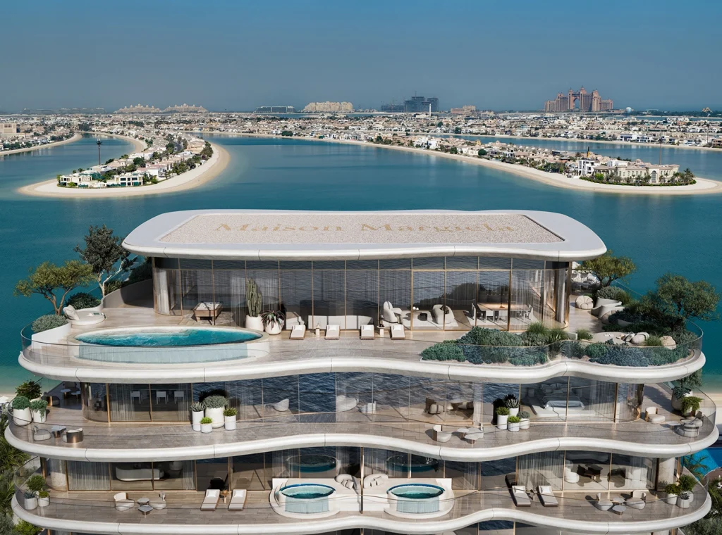 Palm Jumeirah view from Maison Margiela Residences Dubai showcasing minimalist architecture and luxury interiors