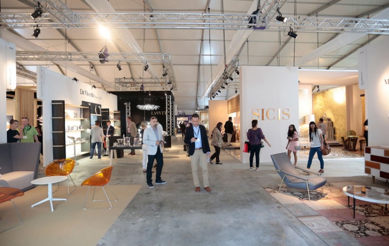 Panoramic view of multiple stands inside Downtown Design Dubai 2025, illustrating the vibrant atmosphere of the fair and the diversity of design brands and collections on display.