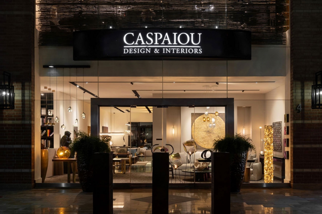 Caspaiou showroom in Dubai displaying high-end European furniture, lighting, and bespoke interior pieces.