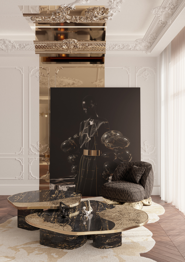 luxury center tables, black armchair, black and gold center table, beige rug, brown floor, white and gold walls, black picture