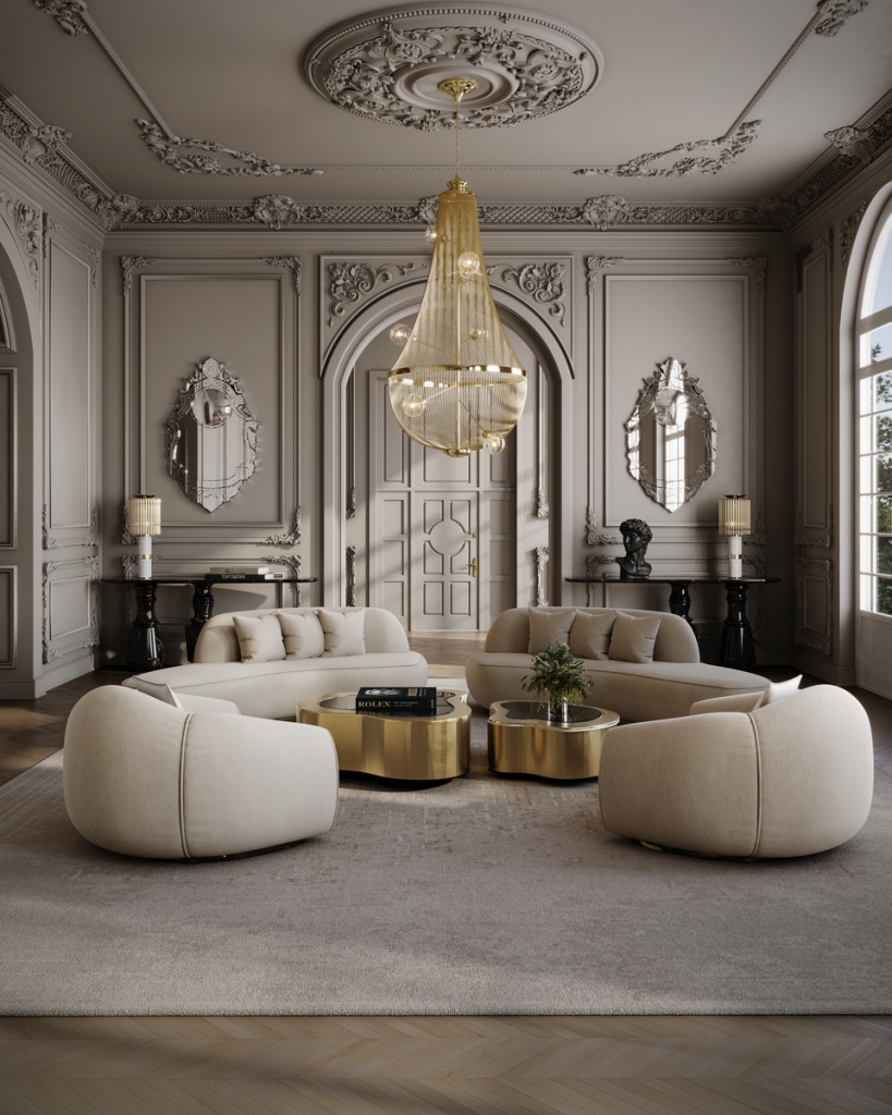 luxury center tables, gold center table, grey walls, gold chandelier, black consoles, white rug, mirrors