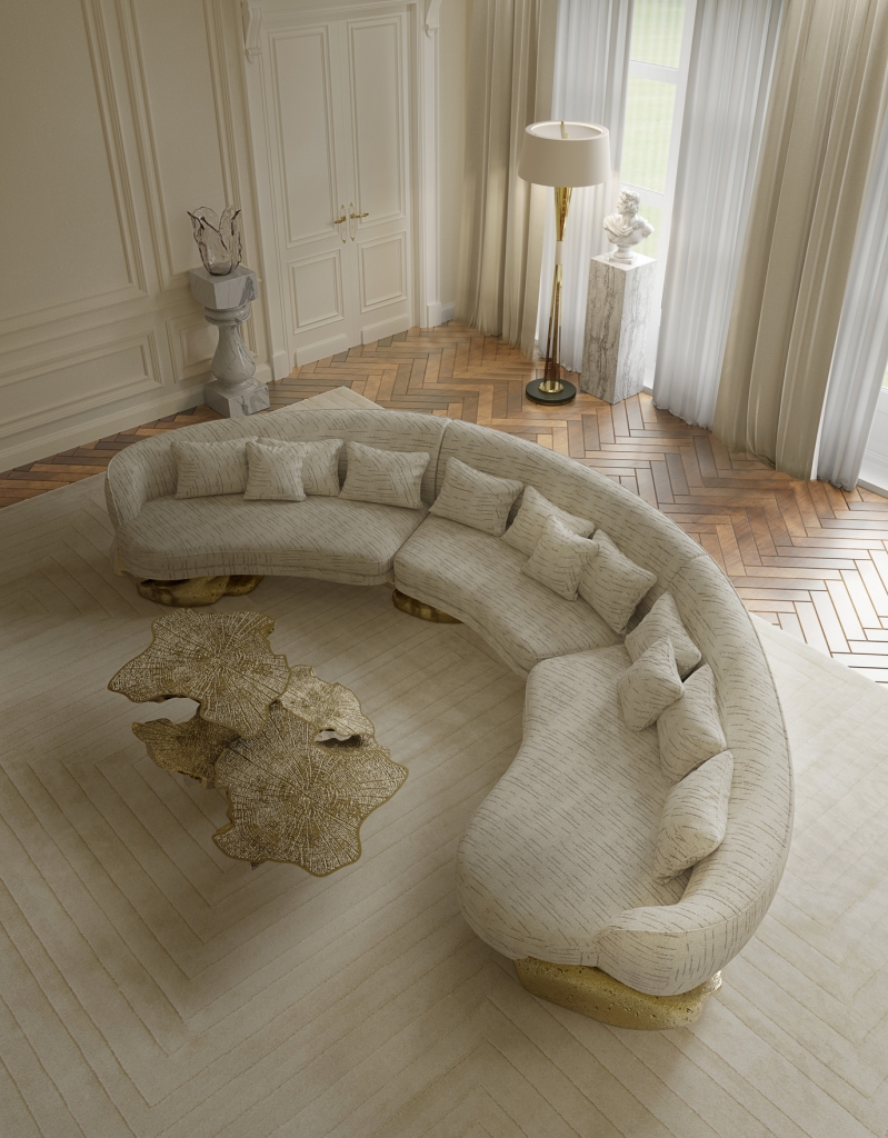 luxury center tables, white rug, gold center table, white and gold sofa, white walls, brown floor