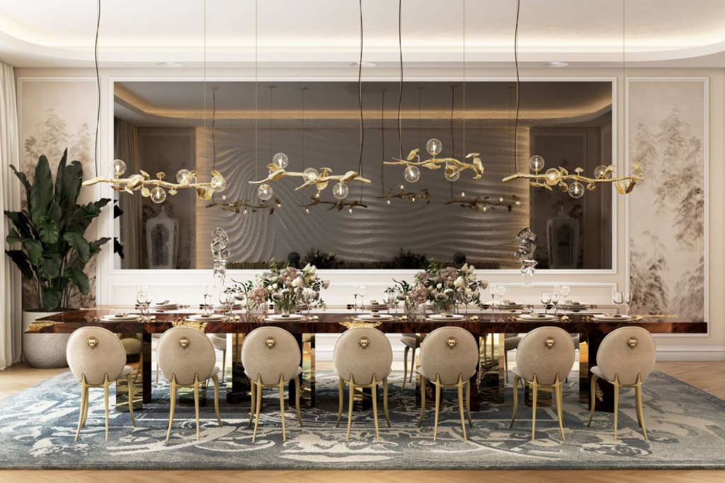 Hera suspension lamp illuminating a sophisticated luxury dining room furniture environment