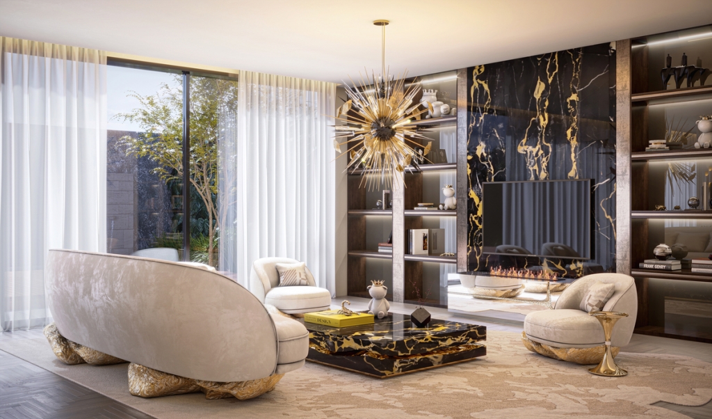 luxury center tables, black wall, bookcases, white rug, white sofas, black and gold center table, gold chandelier